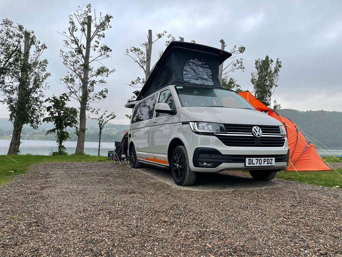 Camper van by a lake available for hire
